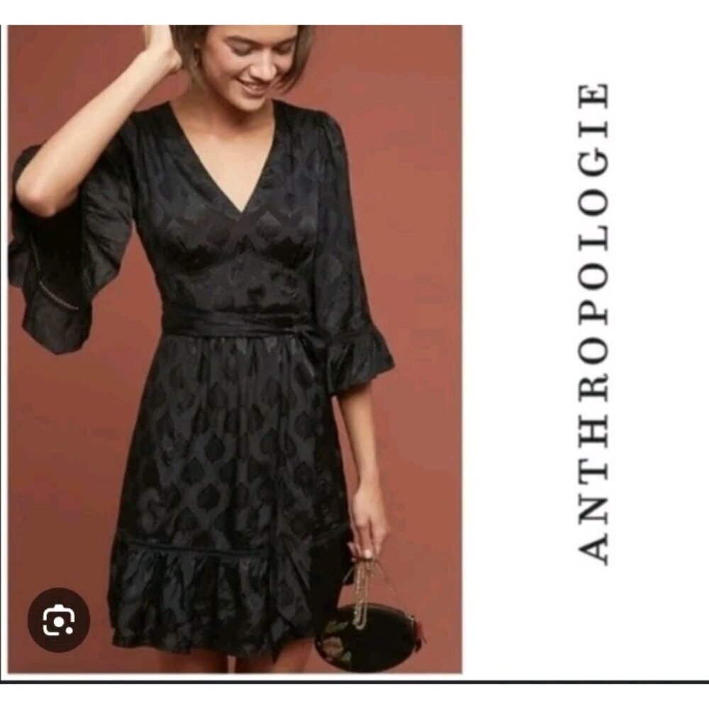 Maeve Christine Dress Women 8 Black Floral Satin Belted Eyelet Lined Whimsigoth - Picture 16 of 16